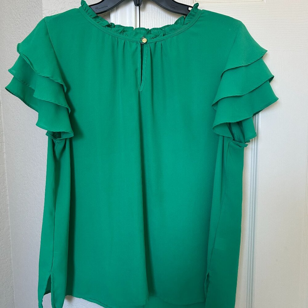 Liz Claiborne Ruffled Cap Sleeve Blouse - Green - Large